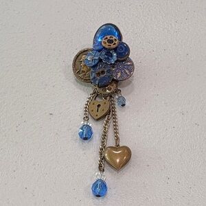 Vintage Glass & Metal Button Brooch with charms—BEAUTIFUL! Glass Beads—Artisan